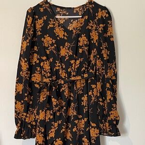 Black & Mustard Floral Tie Waist Midi Dress Medium